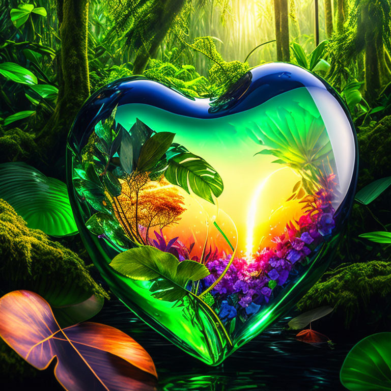 Colorful Heart-Shaped Bottle with Miniature Lush Landscape