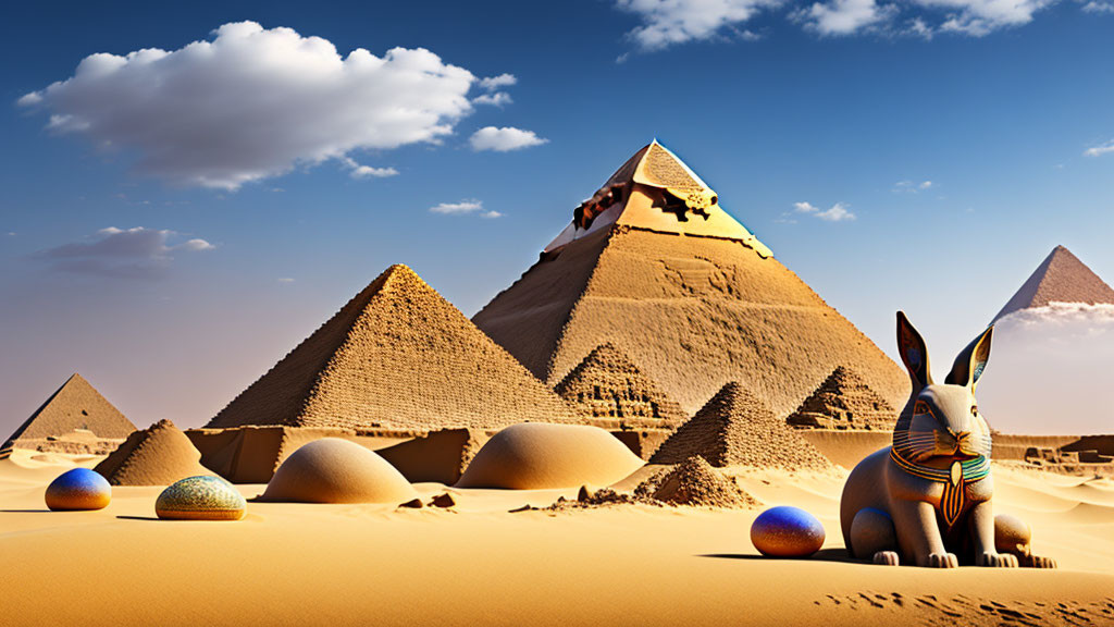 Surreal desert landscape with pyramids, sand dunes, decorated eggs, and a large rabbit