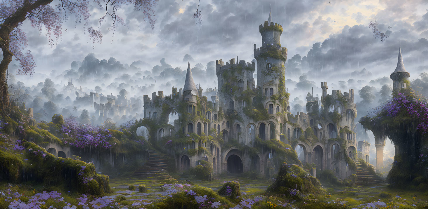 Mystical forest castle ruin with purple flowers