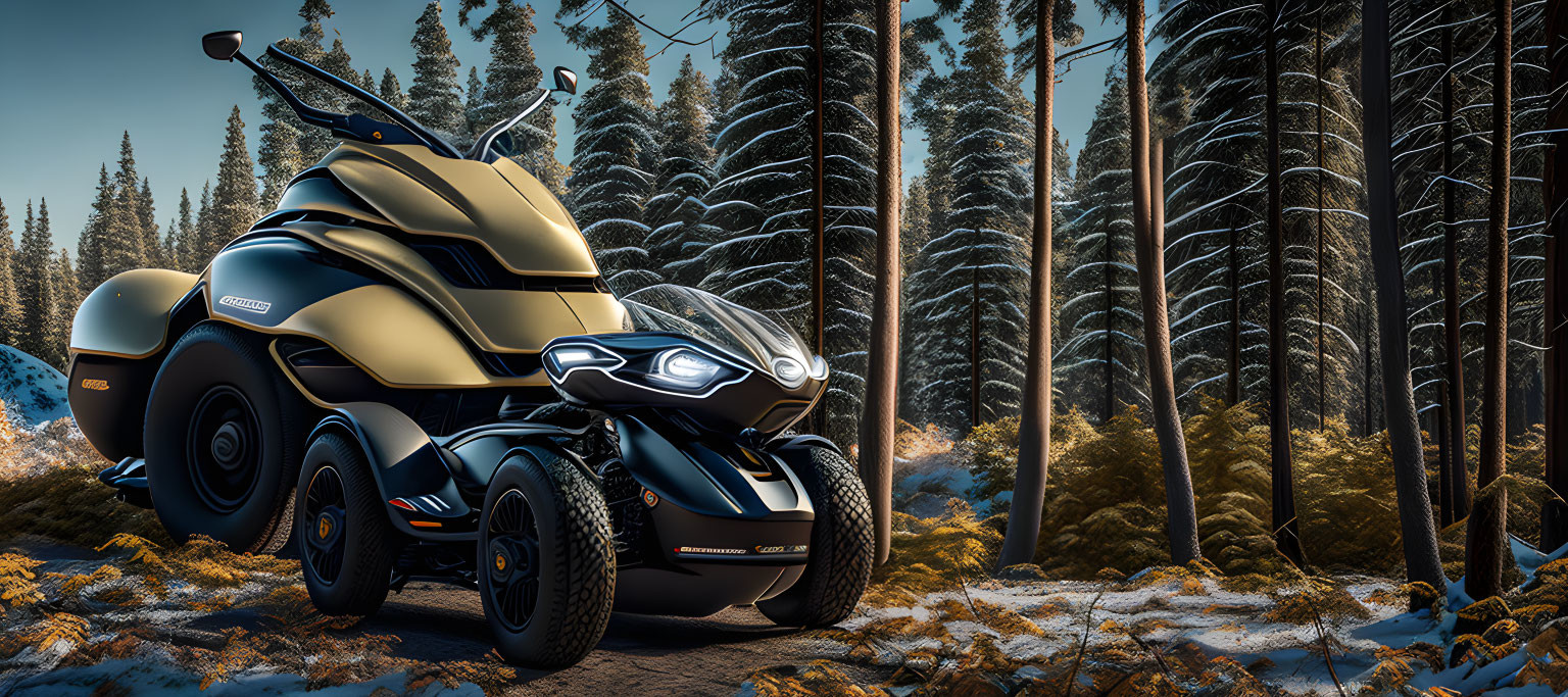 Black and Gold Three-Wheeled Vehicle in Snowy Forest Landscape