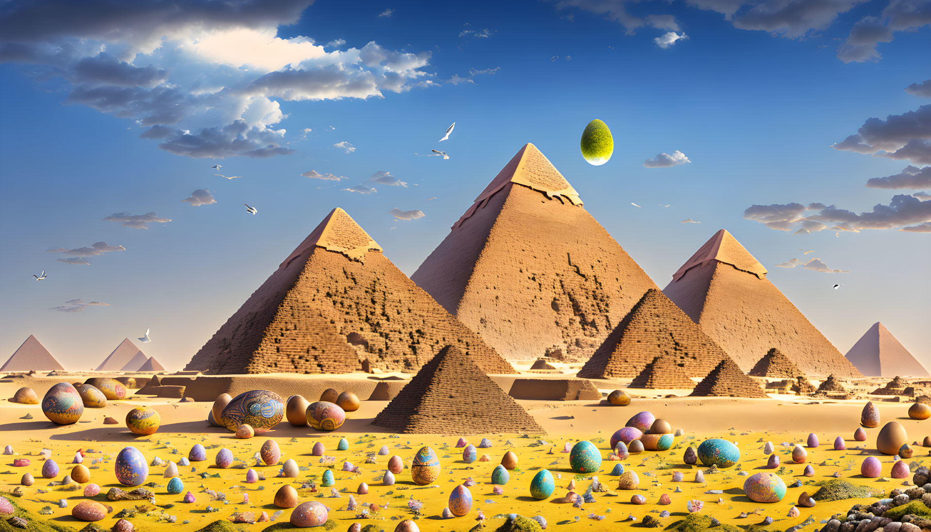 Surreal desert landscape with Great Pyramids, colorful Easter eggs, blue sky, birds