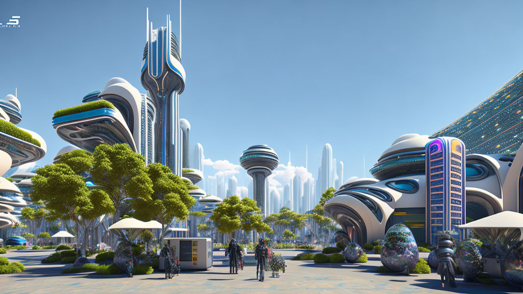 Futuristic cityscape with organic architecture and towering skyscrapers