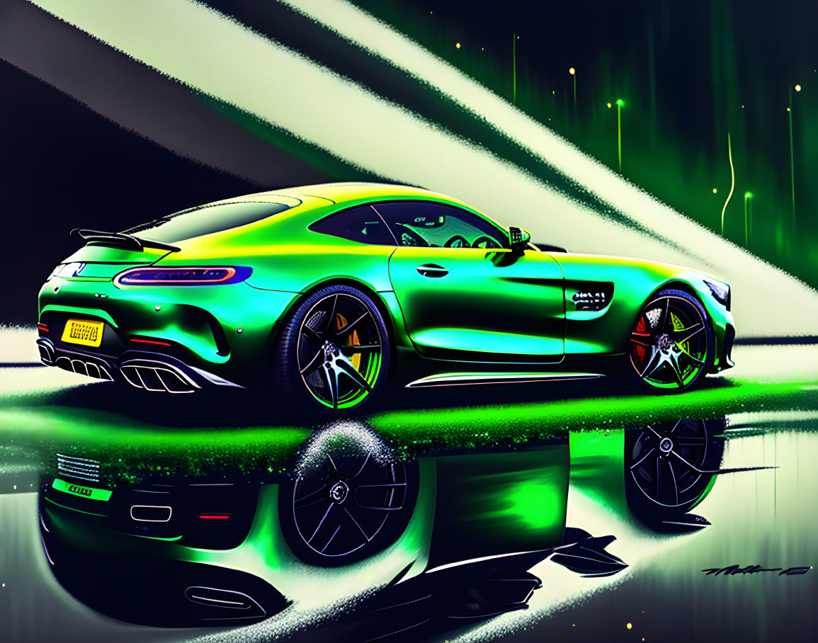 Green Sports Car with Black Detailing and Custom Rims on Reflective Surface