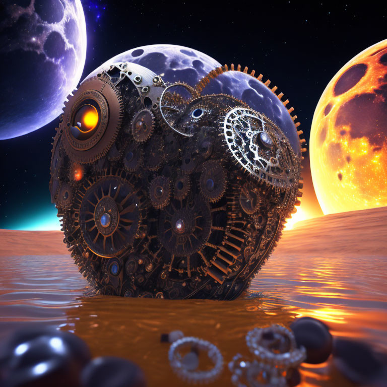 Steampunk planet with gears and moons on reflective surface