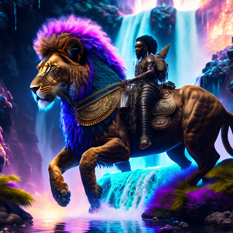 Armored lion warrior by waterfall in fantastical landscape