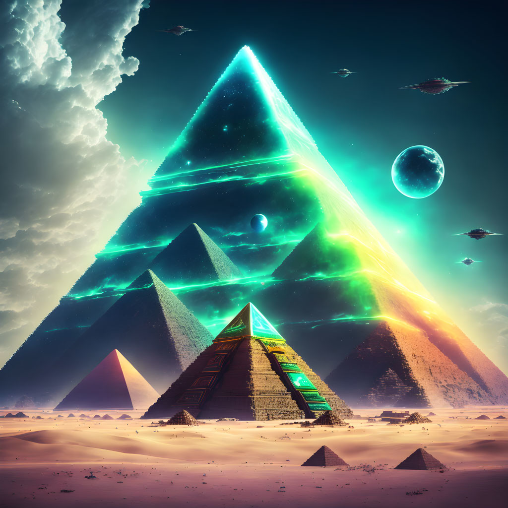 Futuristic landscape with glowing pyramids under celestial sky