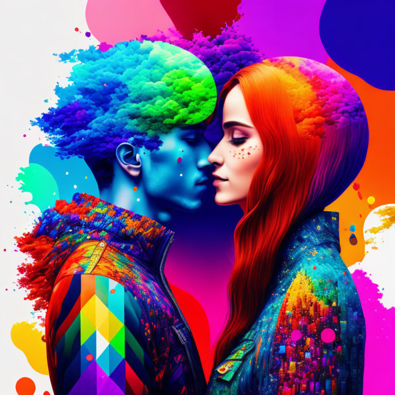 Colorful digital artwork: Man and woman in profile with vibrant, paint-splattered hair.