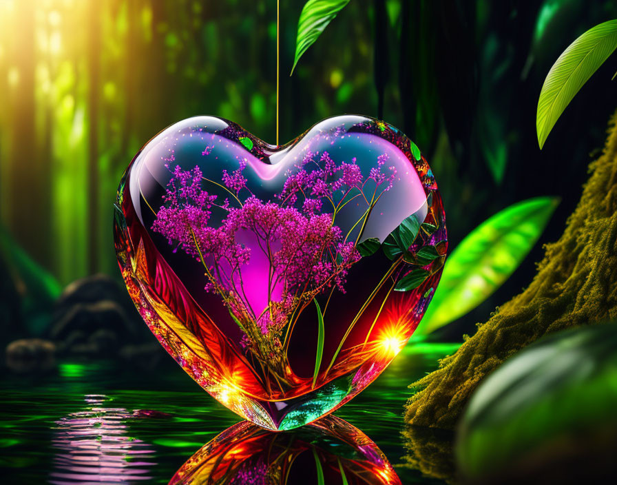 Colorful Crystal Heart with Cosmic Nature Scene by Tranquil Stream