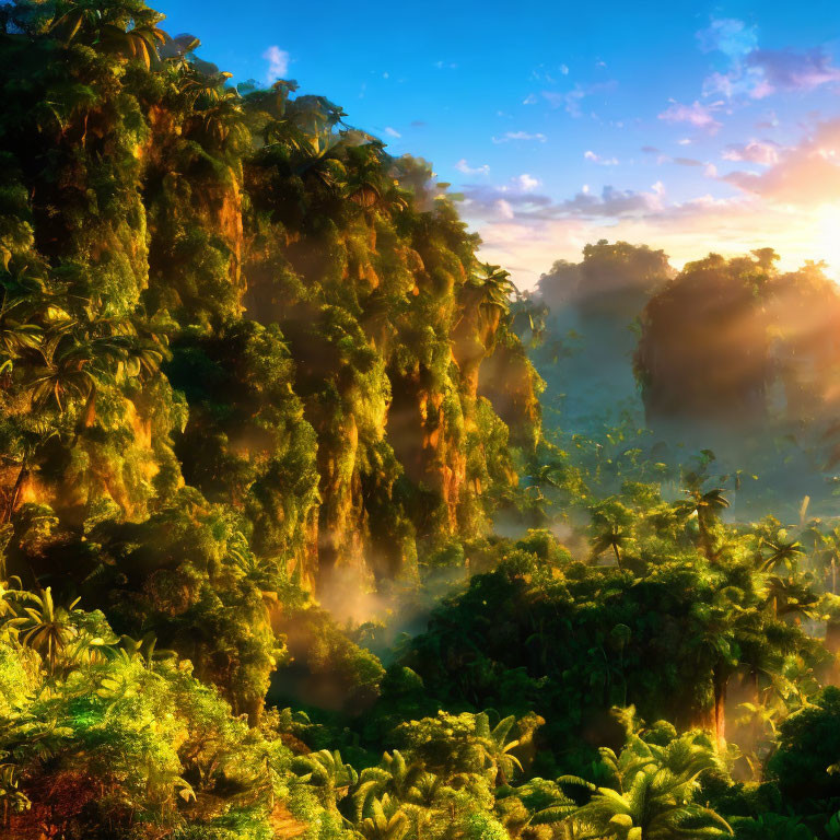 Tropical jungle cliffs at sunset with misty treetops