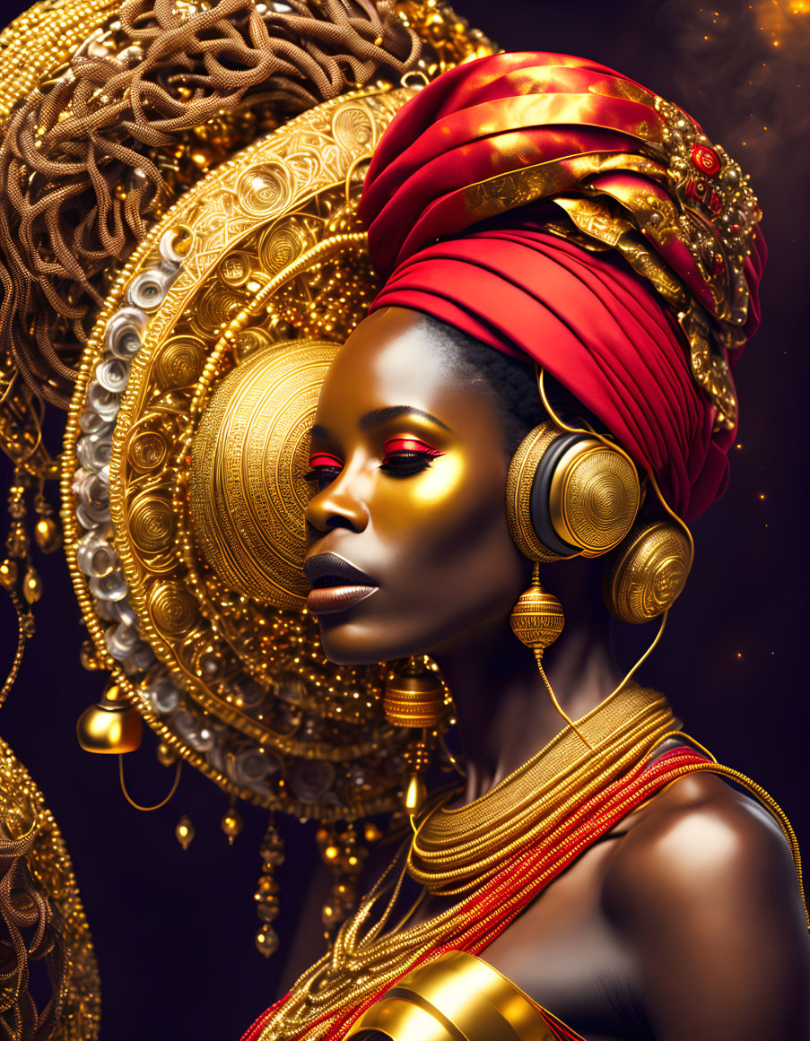 Elaborate golden headgear and jewelry on regal woman against dark background