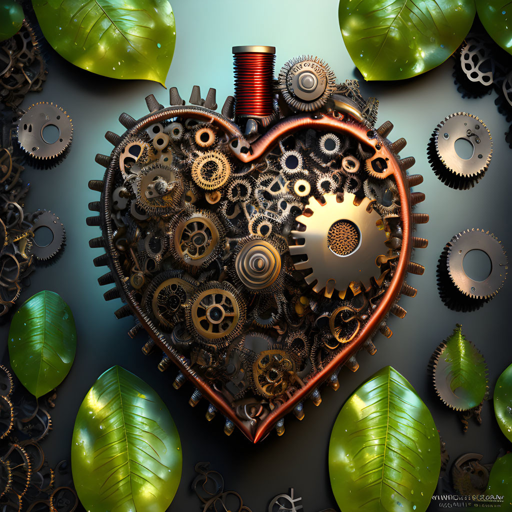 Steampunk heart with metallic gears and green leaves on dark background