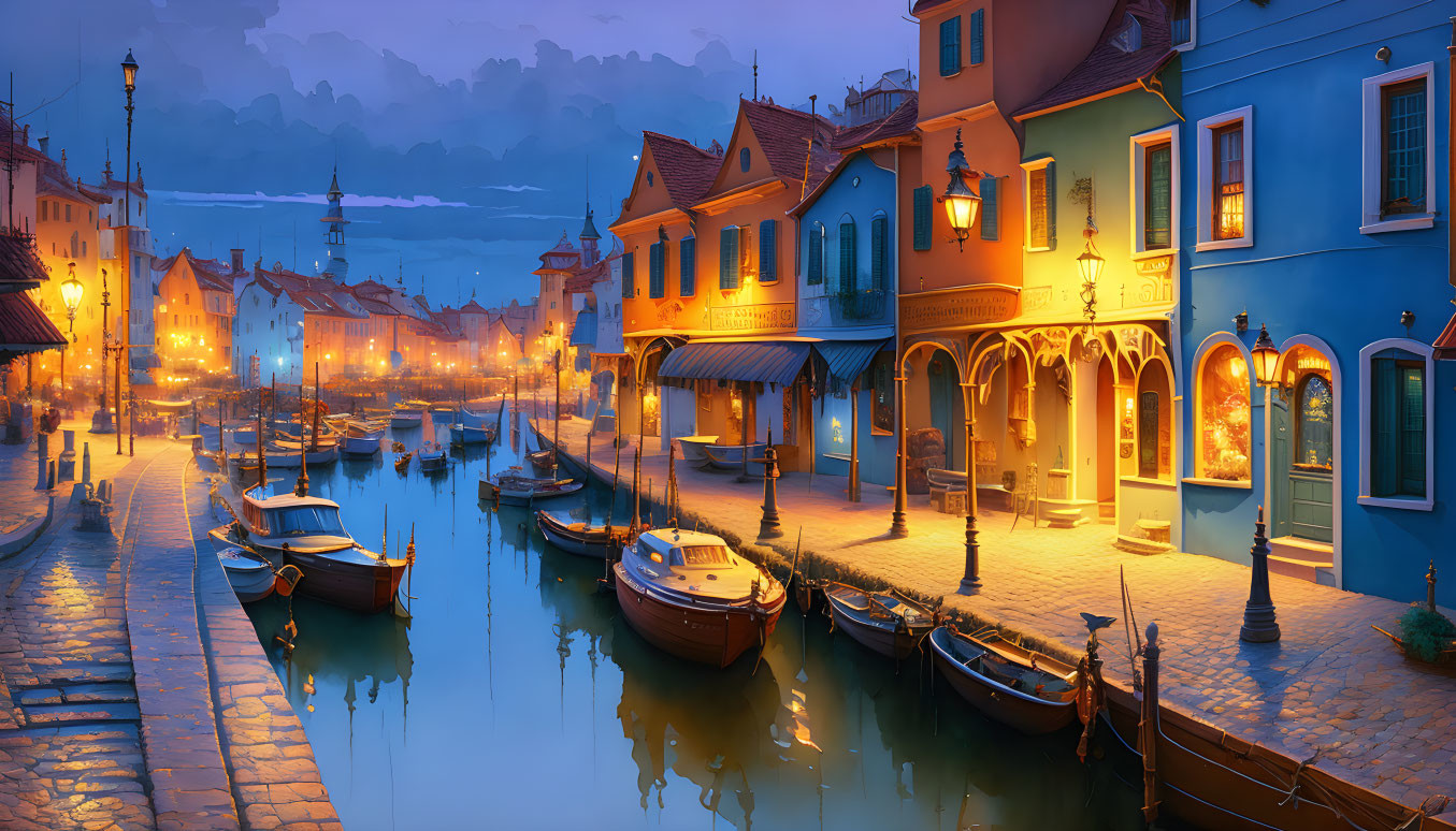 Tranquil Twilight Scene: Canal, Boats, and Colorful Buildings