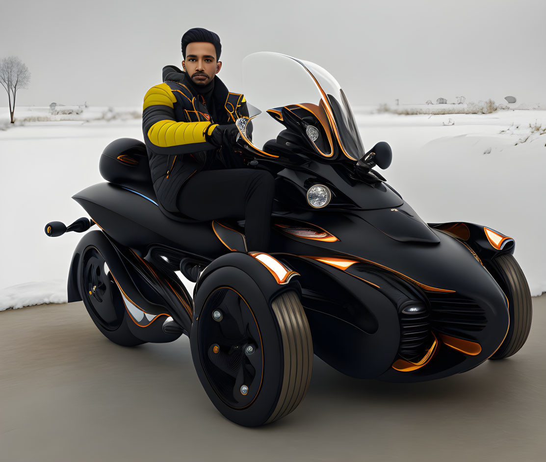 Man posing on futuristic black and orange three-wheeled motorcycle in snowy setting