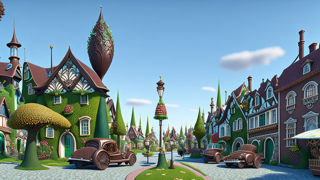 Stylized ornate village with cobblestone street and old-fashioned cars