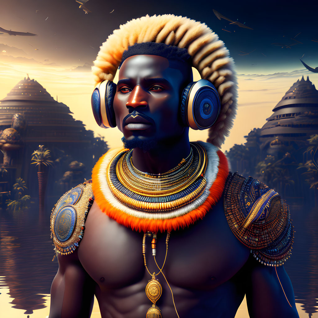 Digital artwork: Man in tribal attire with modern headphones in African temple sunset scene