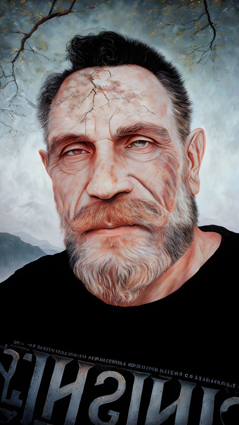 Detailed hyperrealistic portrait of a weathered man with facial hair and cracked forehead, against barren tree