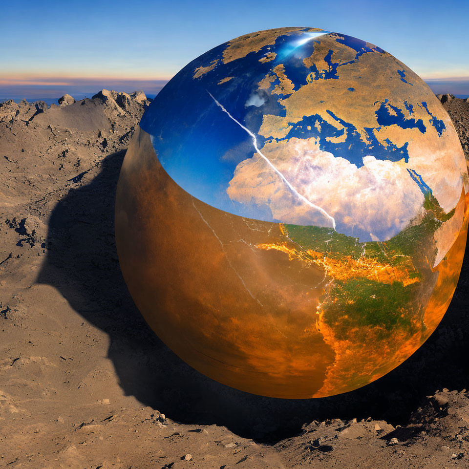 Gigantic polished Earth globe on rocky desert landscape