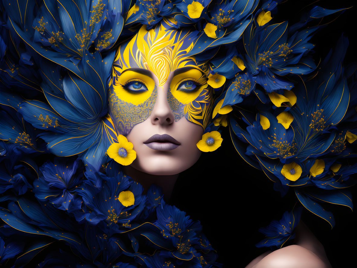 Elaborate blue and yellow floral makeup with petal-like designs