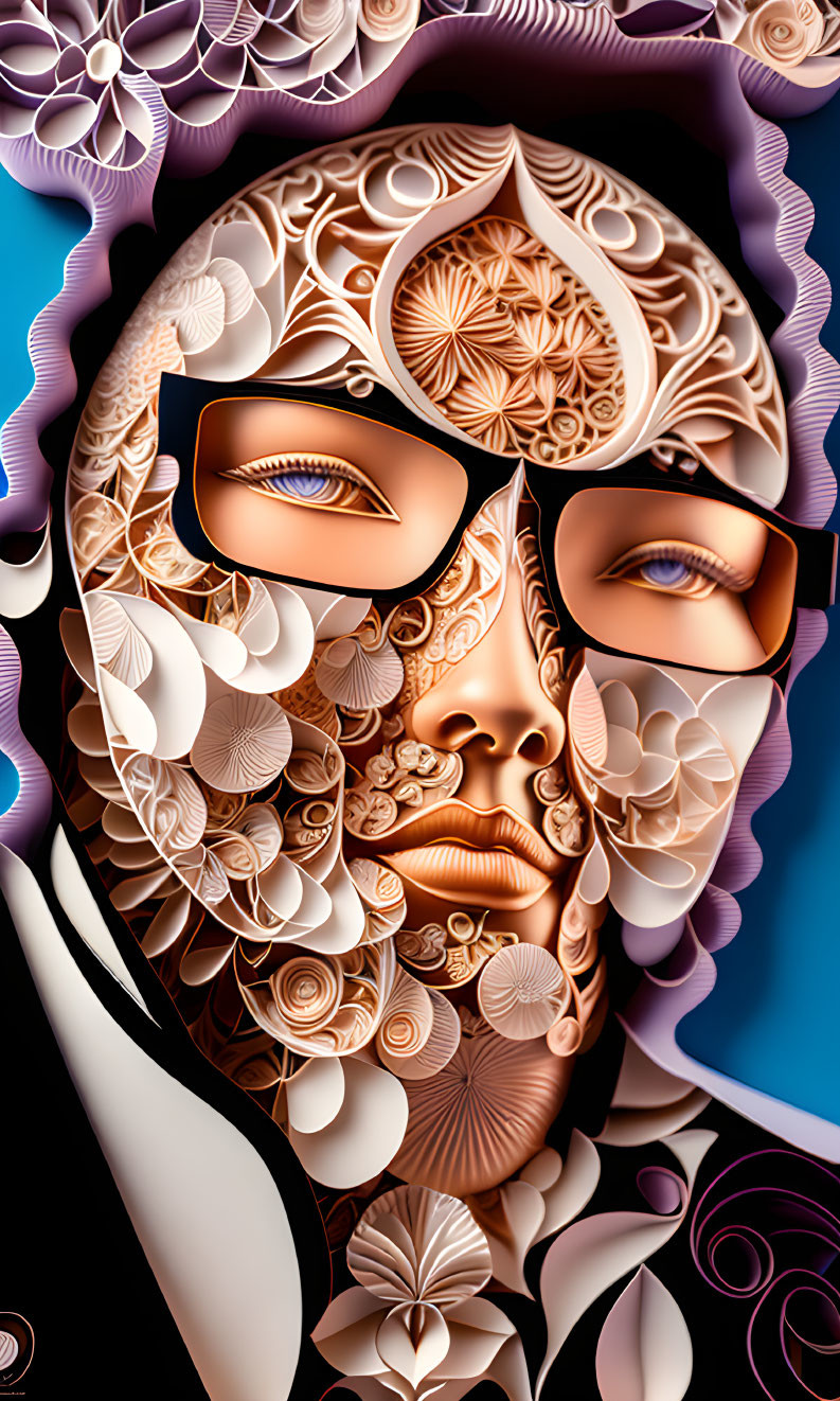 Digitally Designed Face with Floral Patterns and Glasses on Dark Blue and Purple Background