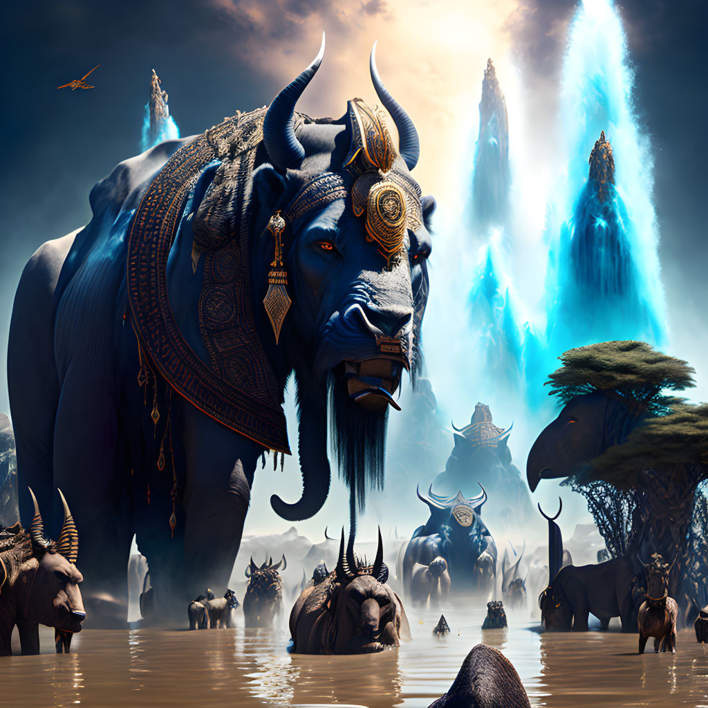 Majestic blue bull with gold ornaments in mystical water source