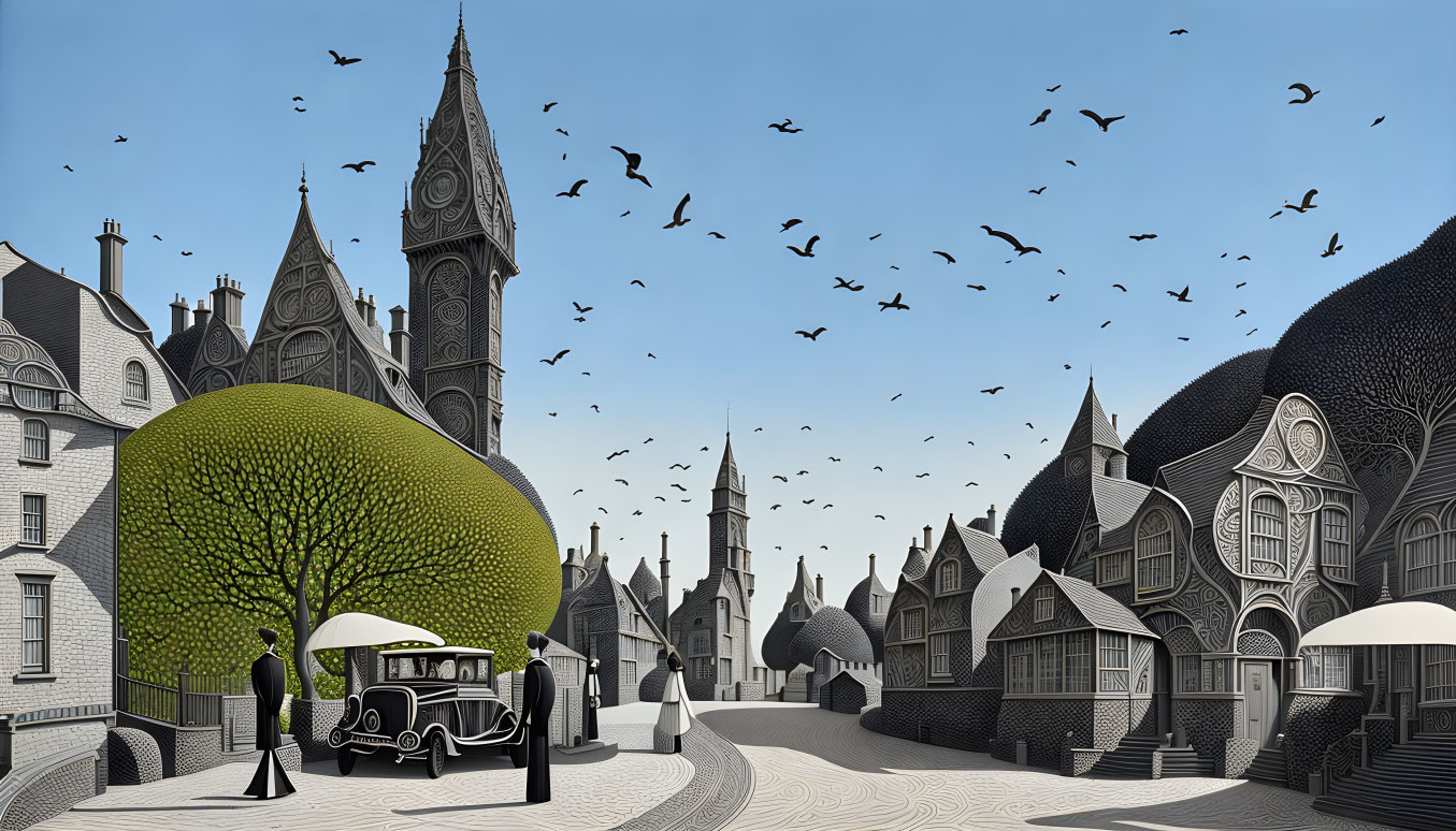 Monochrome illustration of old European town with vintage car, clock tower, and unique architecture