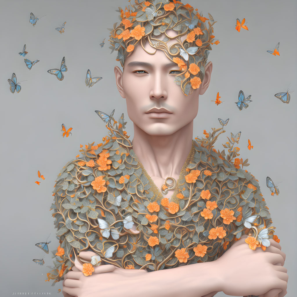 Silver-Haired Person Portrait with Crown, Orange Flowers, and Butterflies