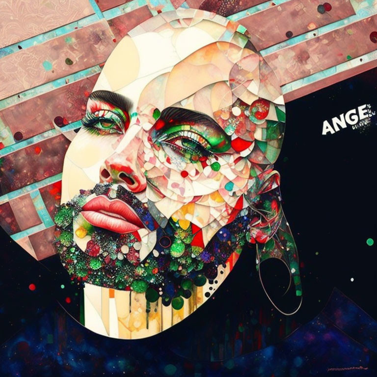 Abstract face artwork with mosaic patterns and bold makeup featuring textual element "ANGEL