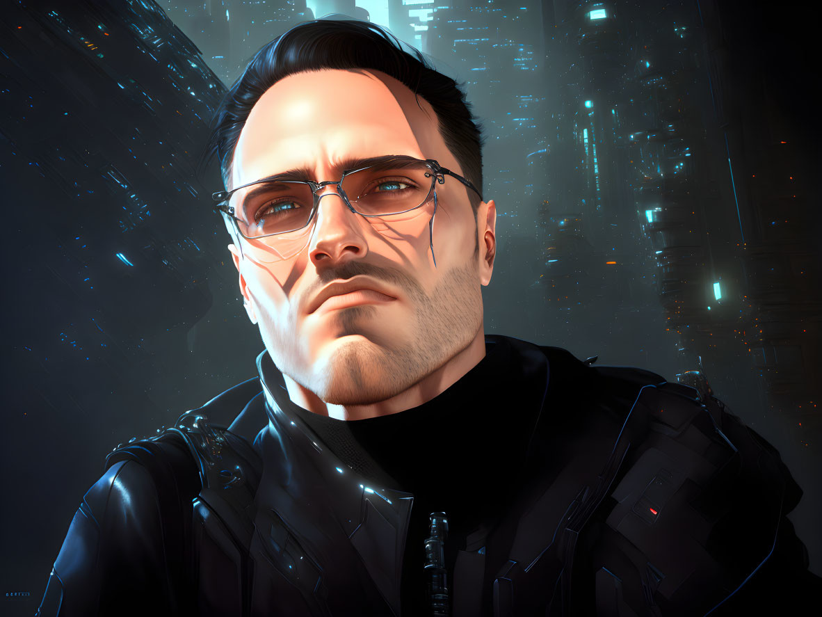 Man with Glasses in Futuristic Cityscape Digital Artwork