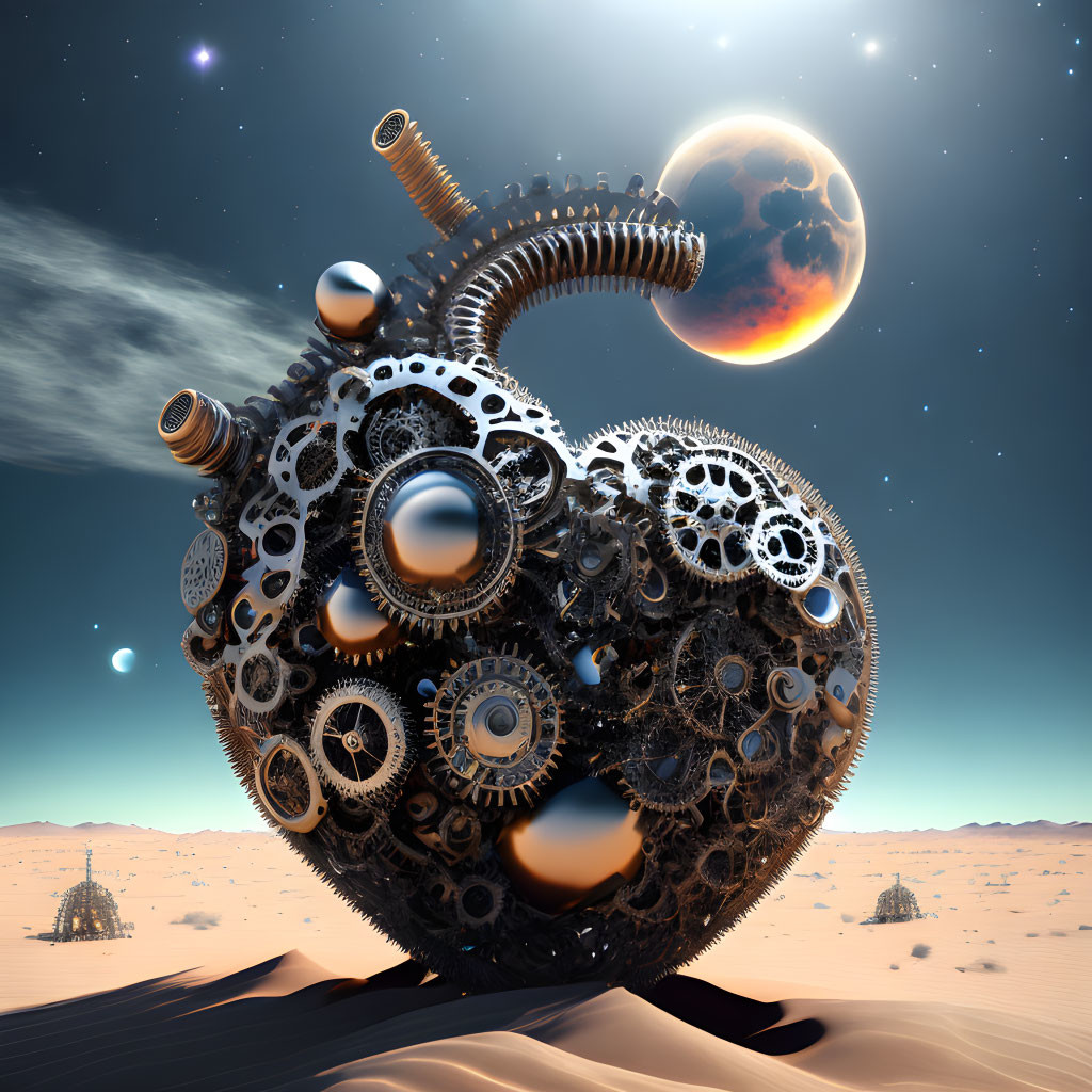 Surreal heart-shaped metallic gears in desert with cosmic sky