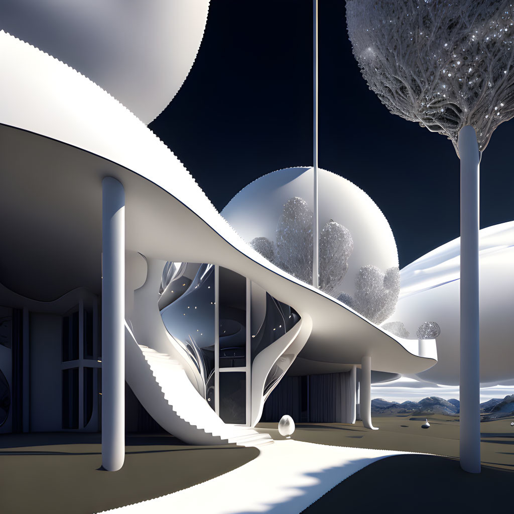 Organic curves white building with stylized trees at night