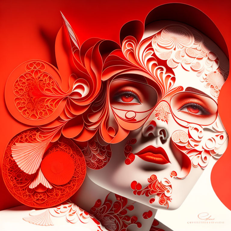 Stylized red and white portrait with floral patterns and ornate designs