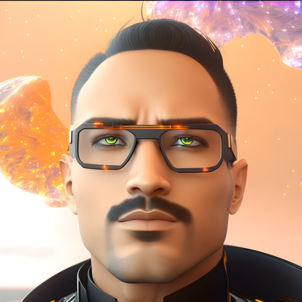 Digital portrait of man with green eyes, square glasses, neat beard, against abstract orange background.