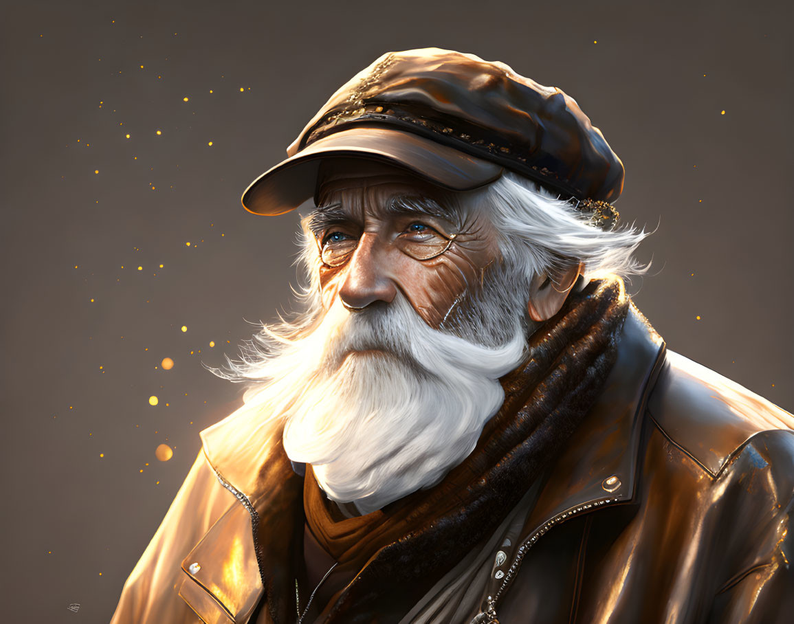 Elderly man with white beard in leather jacket and cap with glowing firefly-like specks