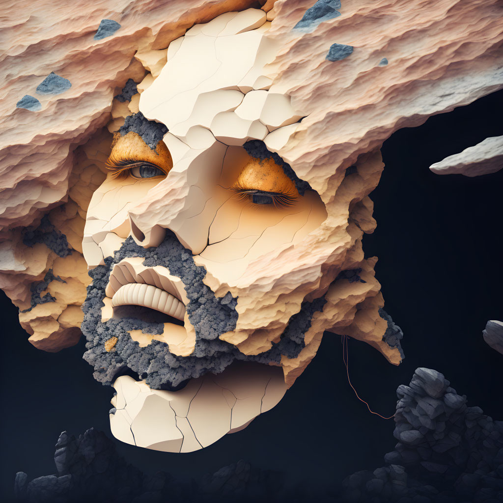 Fragmented Human Face Sculpture with Earthy Textures and Tones on Dark Background