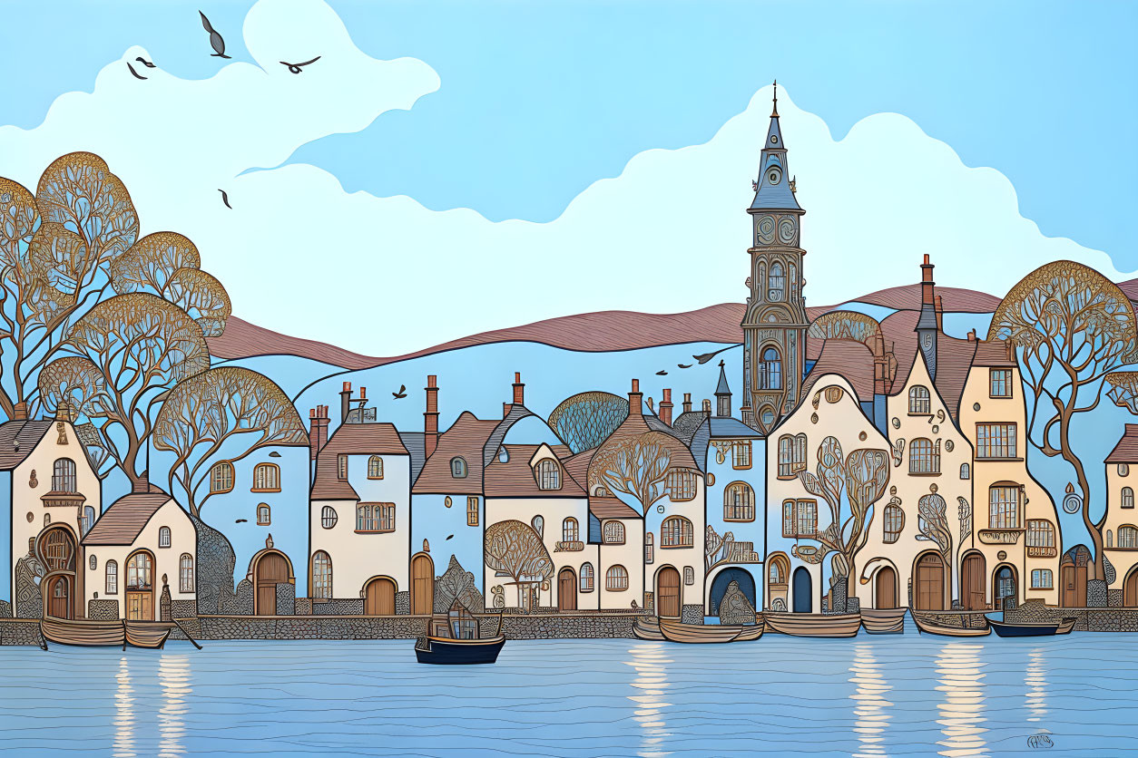 Illustration of quaint riverside town with clock tower and boats