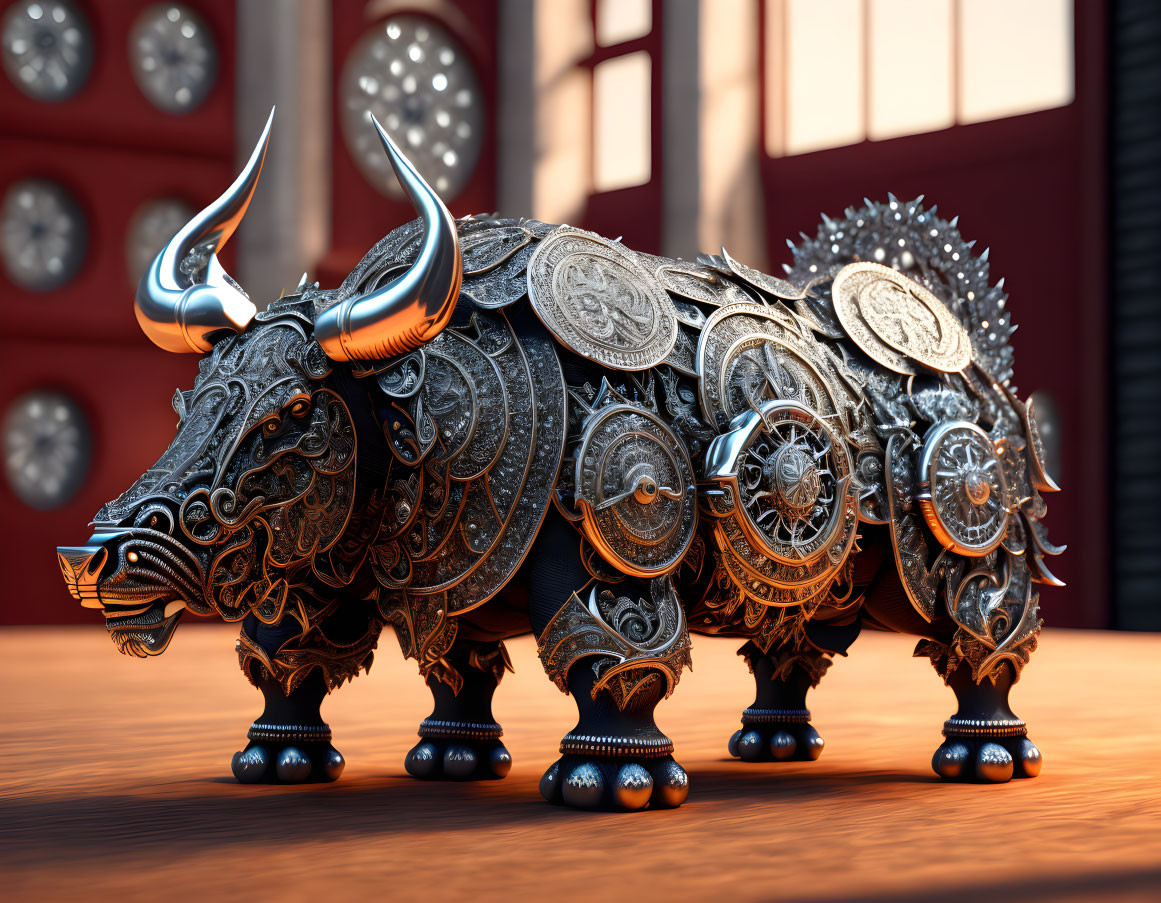 Detailed metallic rhinoceros sculpture with ornate engravings on red-hued background