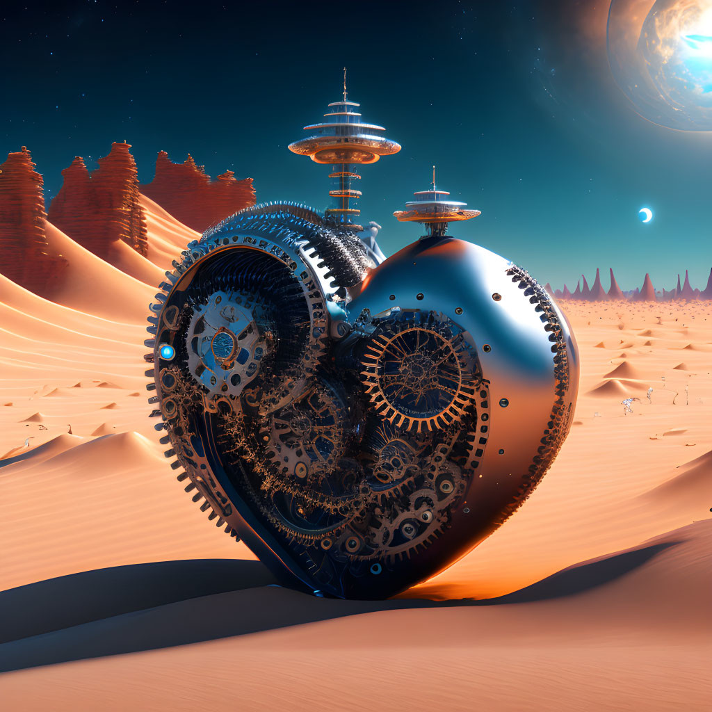 Intricate gear-filled mechanical heart in desert landscape under alien sky