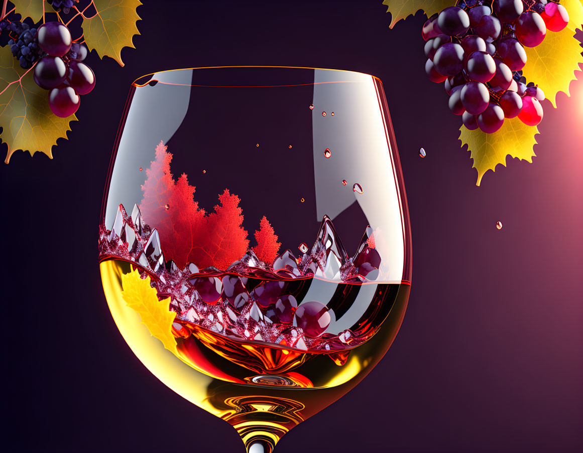 Digital artwork featuring glass of wine, surreal red trees and mountains, purple background with grapes