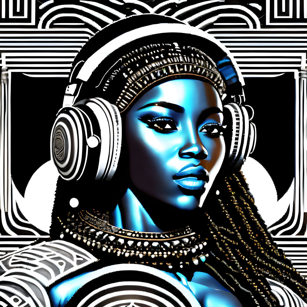 Stylized woman with braids and headphones against geometric background