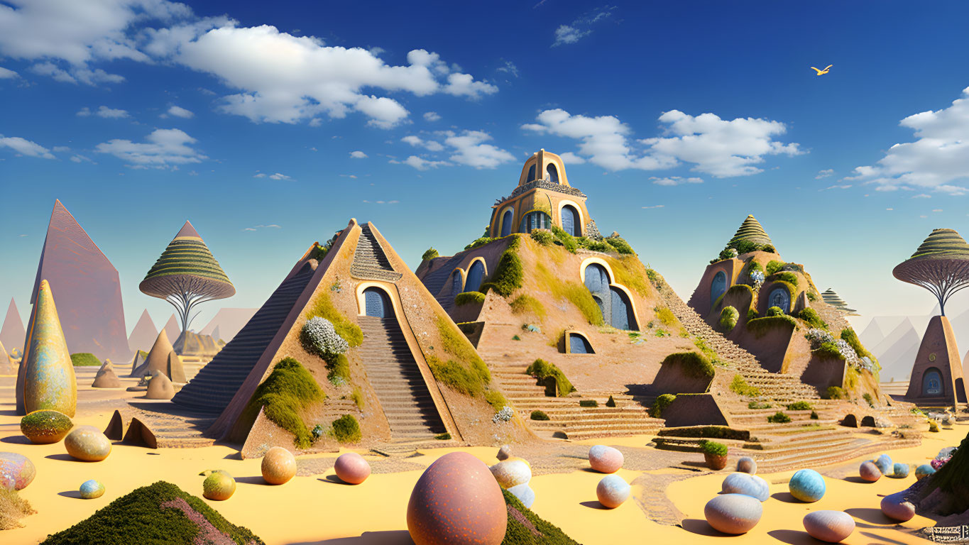 Colorful surreal landscape with pyramid-like structures and egg-shaped elements under a blue sky