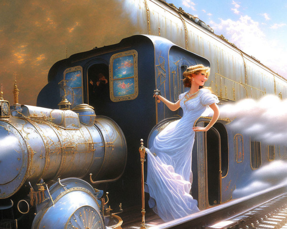 Woman in Blue Dress on Elegant Steam Train Steps