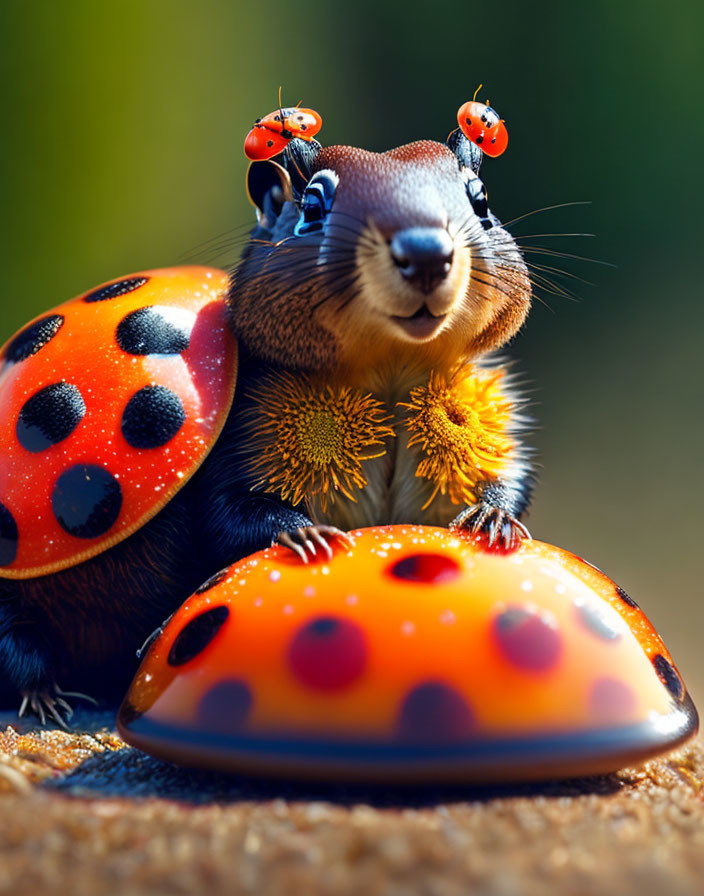 Digital artwork: Squirrel with ladybug shell and two ladybugs on head in nature setting