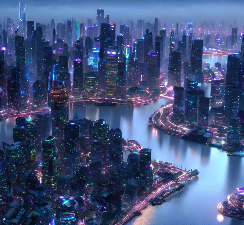 Futuristic night cityscape with neon lights and skyscrapers