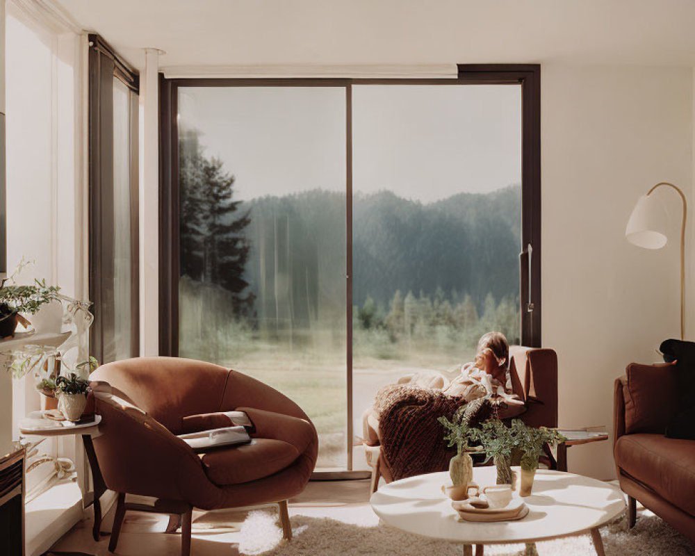 Spacious living room with nature view, brown sofa, chairs, and woman basking in sunlight