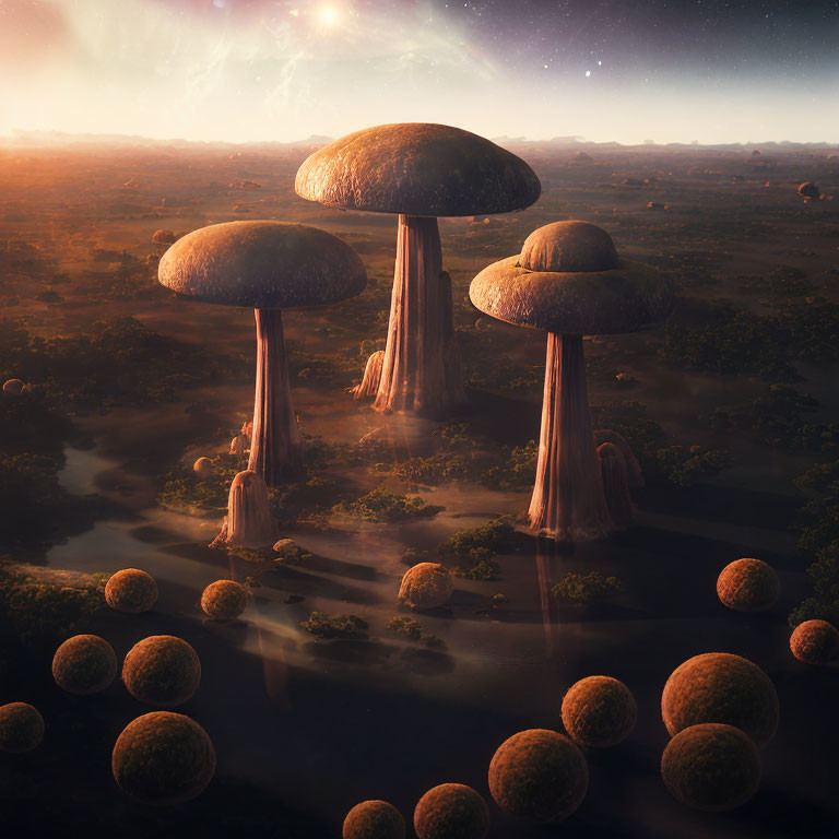 Mysterious twilight landscape with giant mushroom-shaped structures and misty plain.