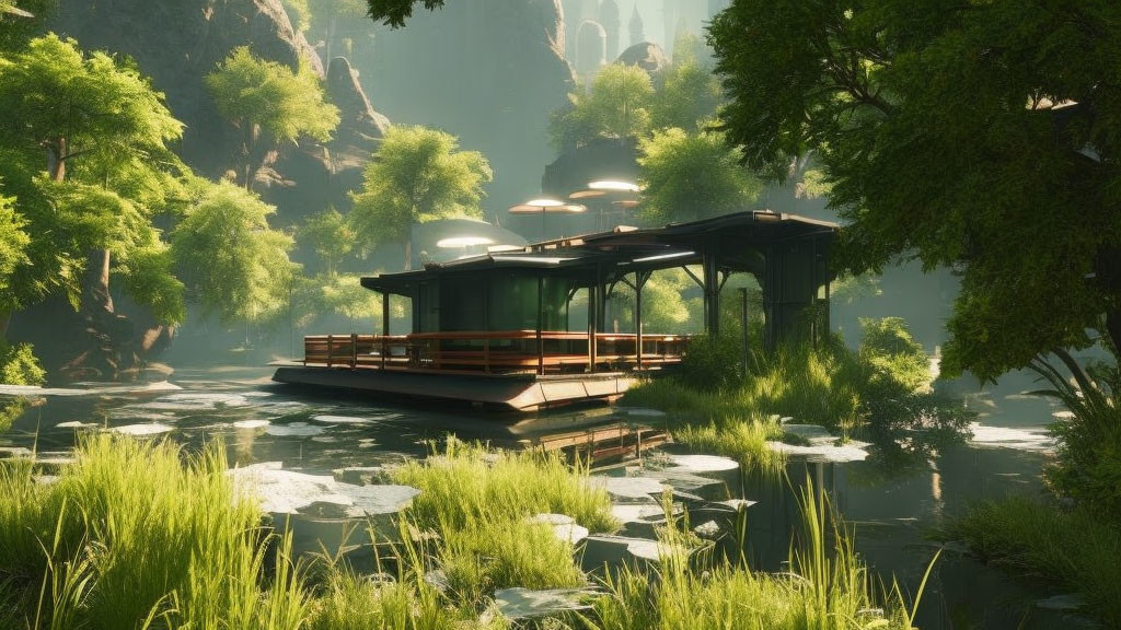 Tranquil lake scene with modern gazebo, greenery, and cliffs