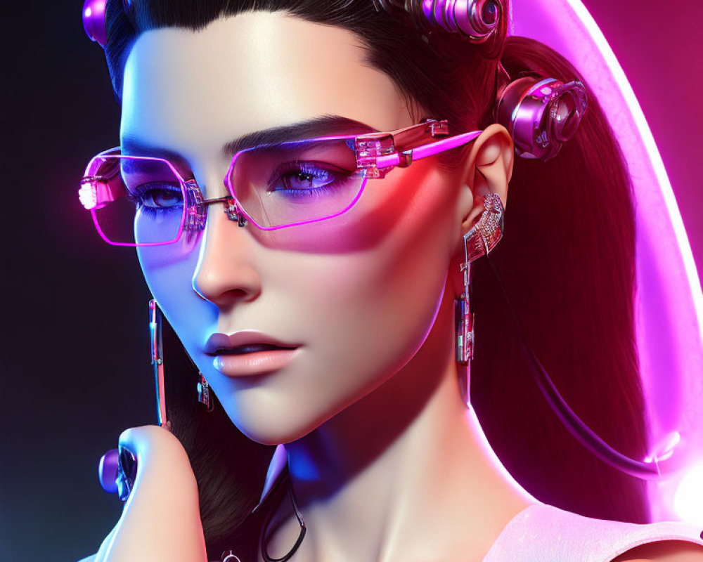 Female Cyberpunk Character with Neon-Lit Glasses & Futuristic Accessories