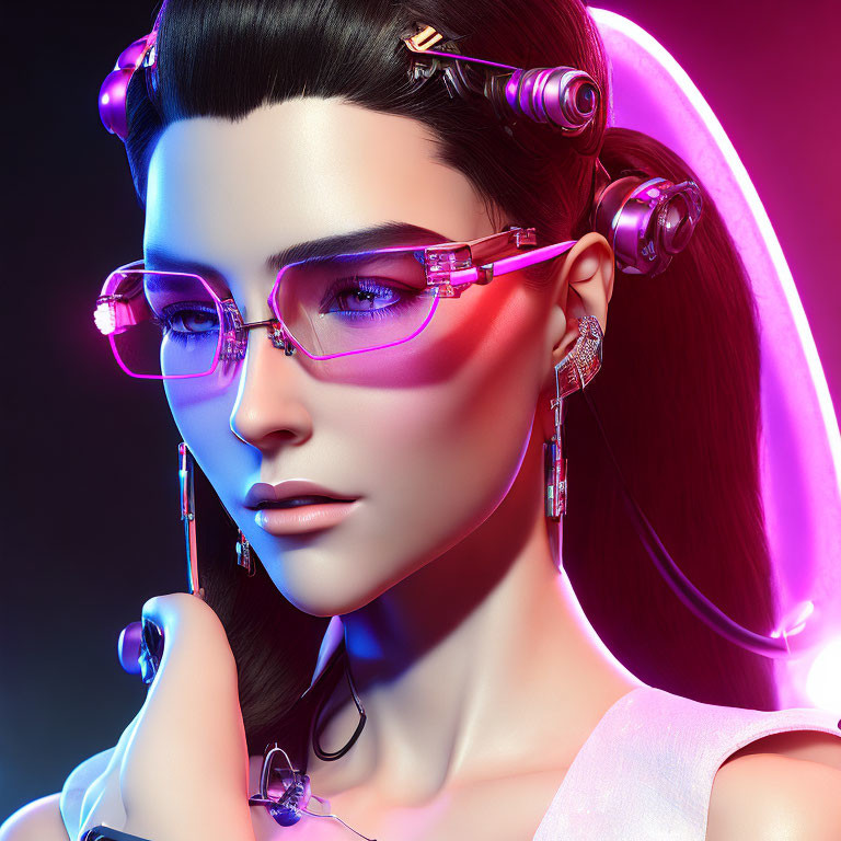 Female Cyberpunk Character with Neon-Lit Glasses & Futuristic Accessories