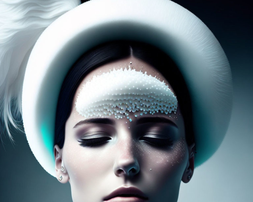 Stylish woman with white hat and artistic makeup on dark background