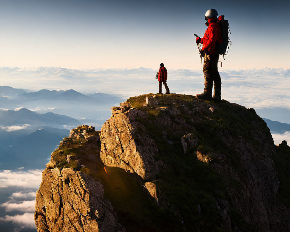 Hikers on mountain peak under moonlit sky